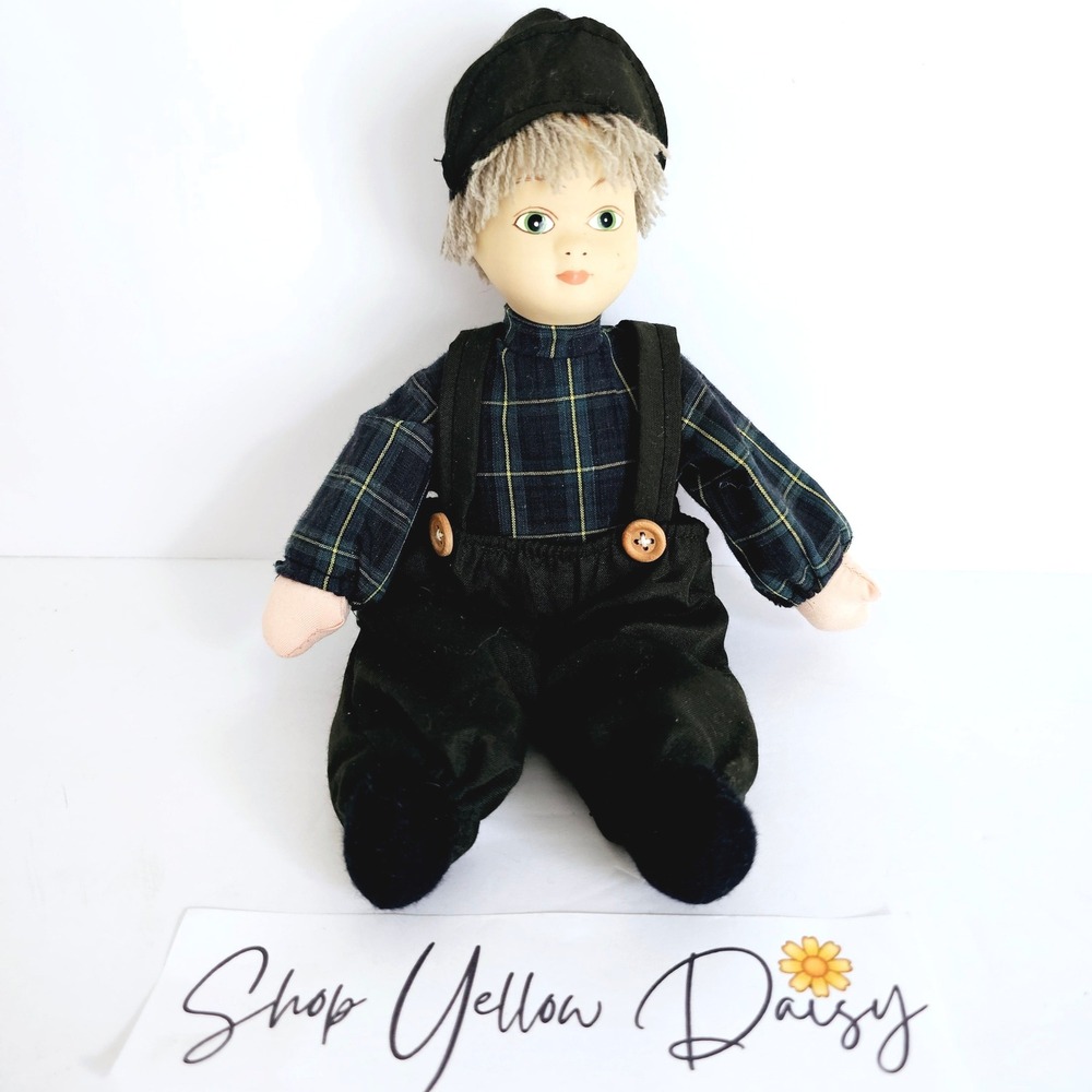 Rare Vintage Boy Doll Porcelain Face Soft Stuffed Body Overalls Plaid Top M734.1